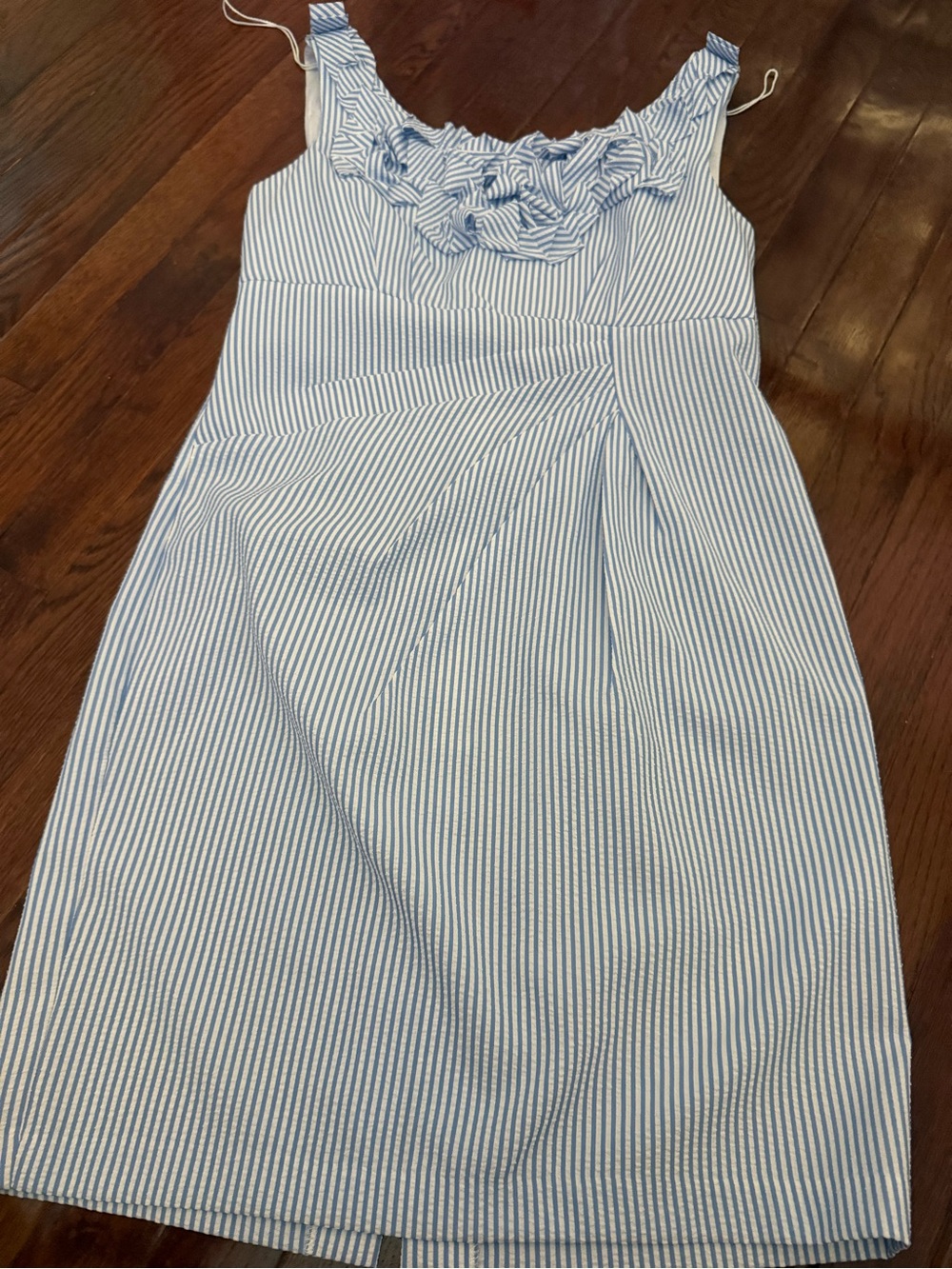 London Times Blue and White Striped Sleeveless Dress with Ruffle Neckline